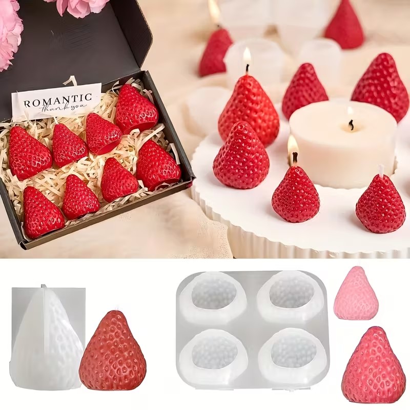 Soap Making Gifts - แม่พิมพ์เทียนซิลิโคนรูปสตรอว์เบอร์รี่ สำหรับทำสบู่อโรมาเธอราพี งานเรซิ่น ของขวัญวันวาเลนไทน์ งานแต่งงาน วันเกิด