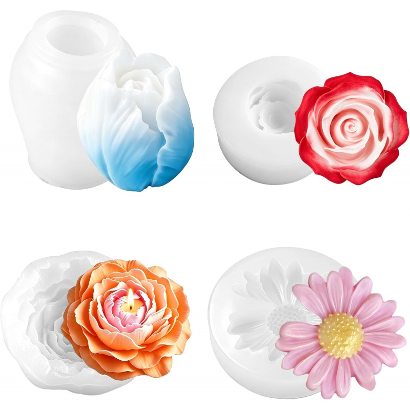 Soap Making Gel - แม่พิมพ์เทียนซิลิโคนลายดอกไม้ 4 ชิ้น ชุดทำเทียนลายดอกกุหลาบ ทิวลิป ดอกโบตั๋น