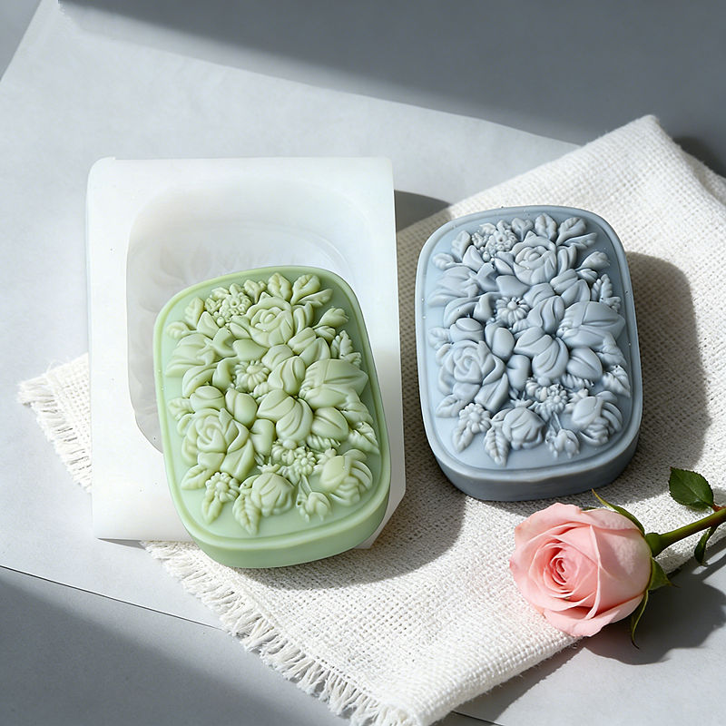 Soap Making Gifts - แม่พิมพ์สบู่ซิลิโคนลายดอกไม้ทรงสี่เหลี่ยมพร้อมลายดอกกุหลาบและดอกพุด ใช้ซ้ำได้ อุปกรณ์ทำสบู่แฮนด์เมด ของใช้ในบ้าน ของตกแต่ง ของขวัญ